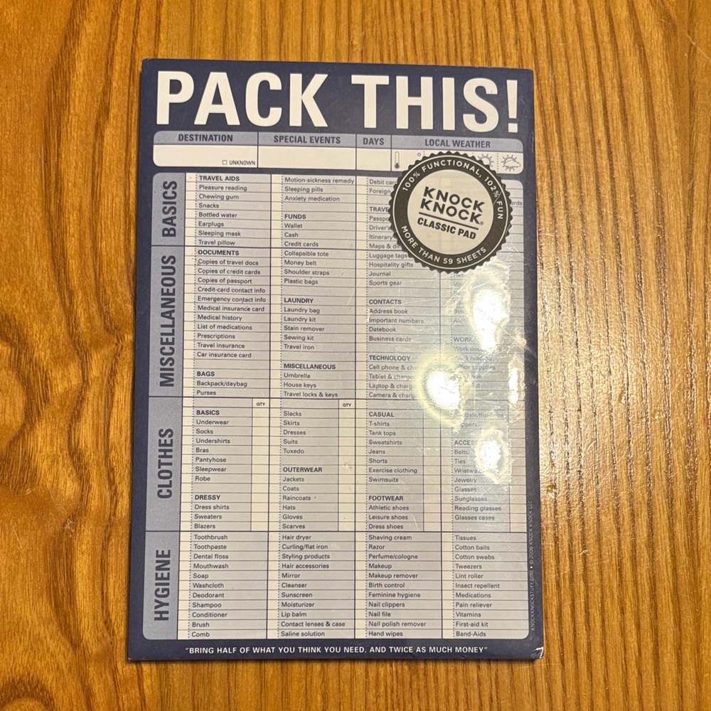 Knock Knock Pack This! Travel Checklist Notepad - Blue and White